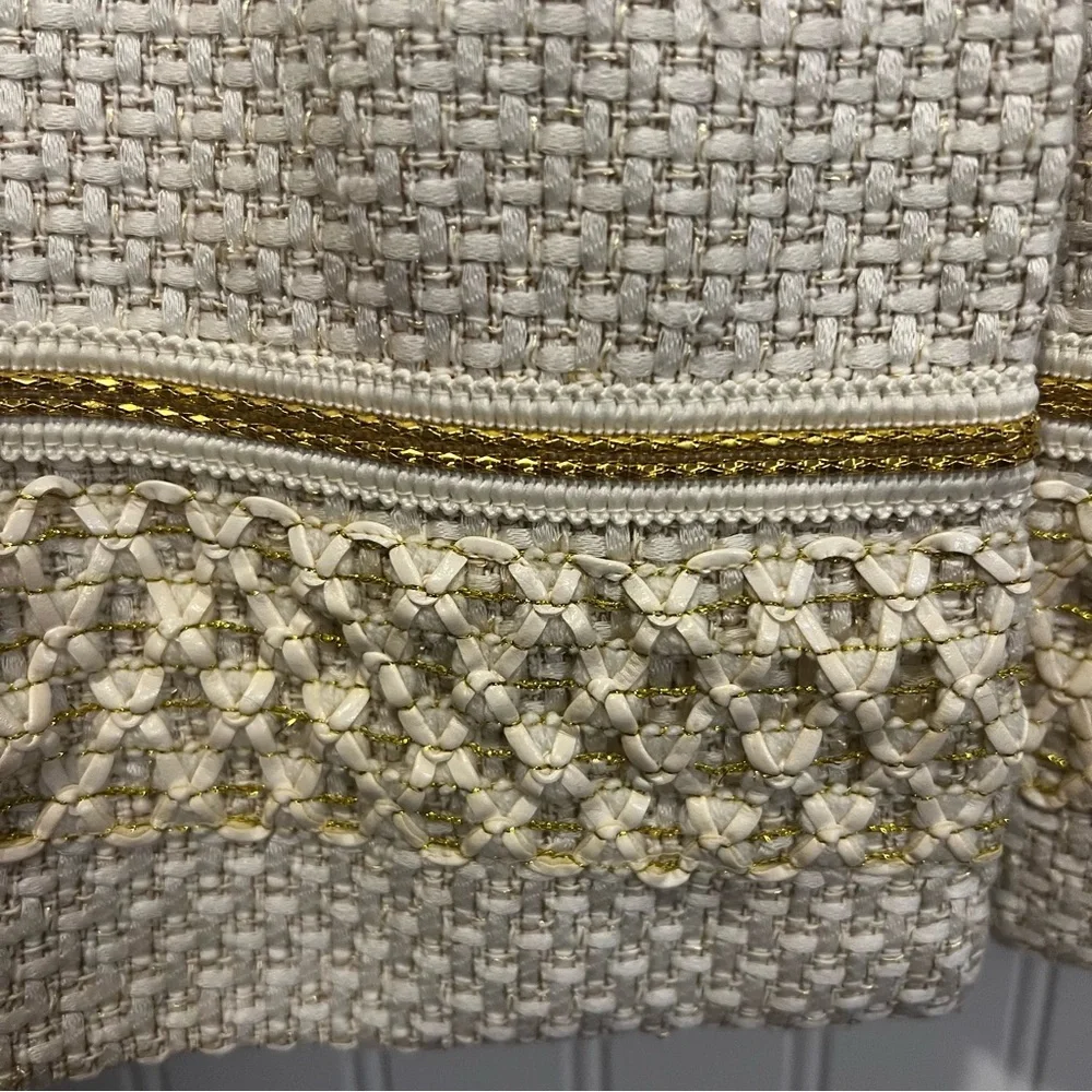 Chico’s Textured Embellished Trim Cream and Gold Open Front jacket size large - Picture 6 of 11